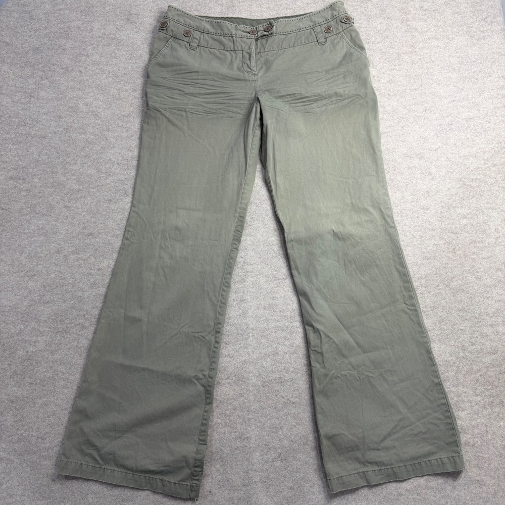 Sitwell Olive Green Low Rise Wide Leg Cotton Trousers Button Waist Size 12
